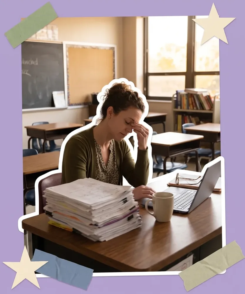 A tired teacher at her desk after school, beside a stack of papers