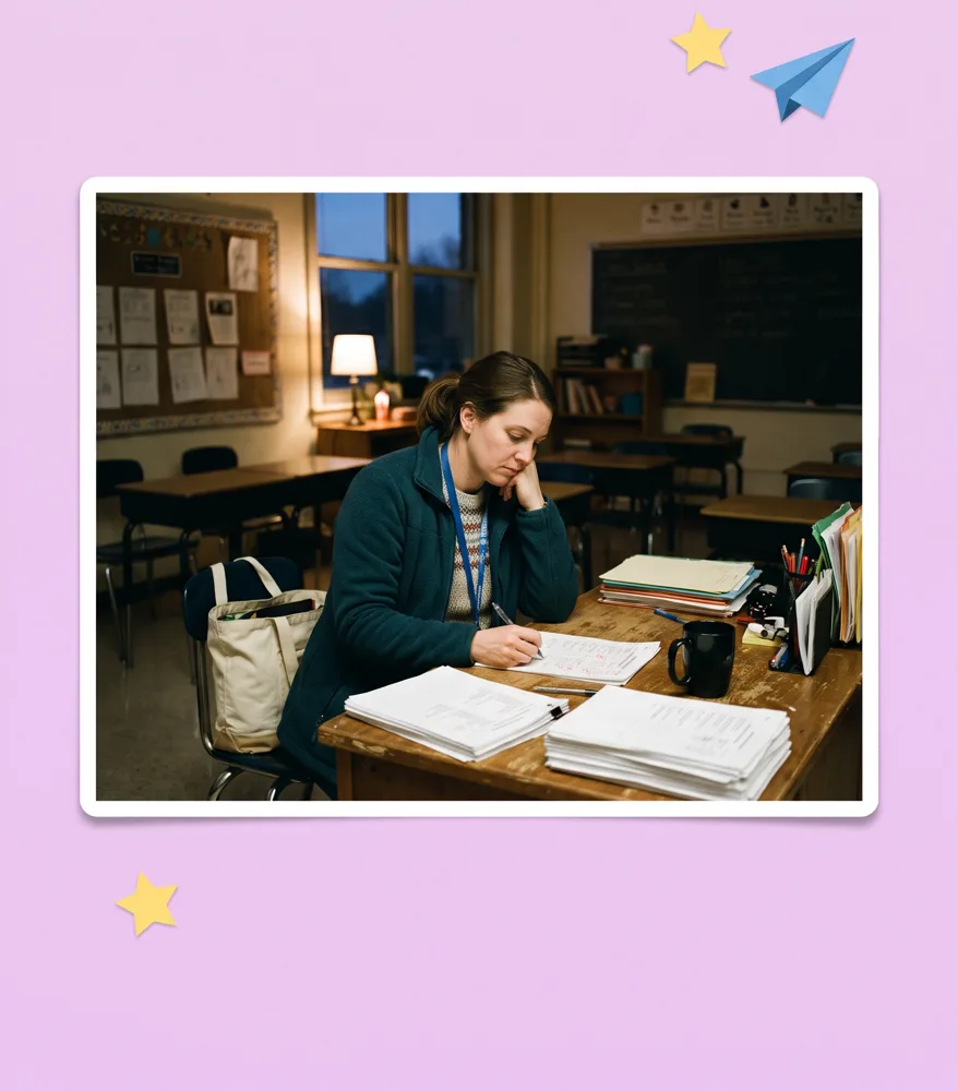 A teacher still grading at her desk after dark, the classroom empty