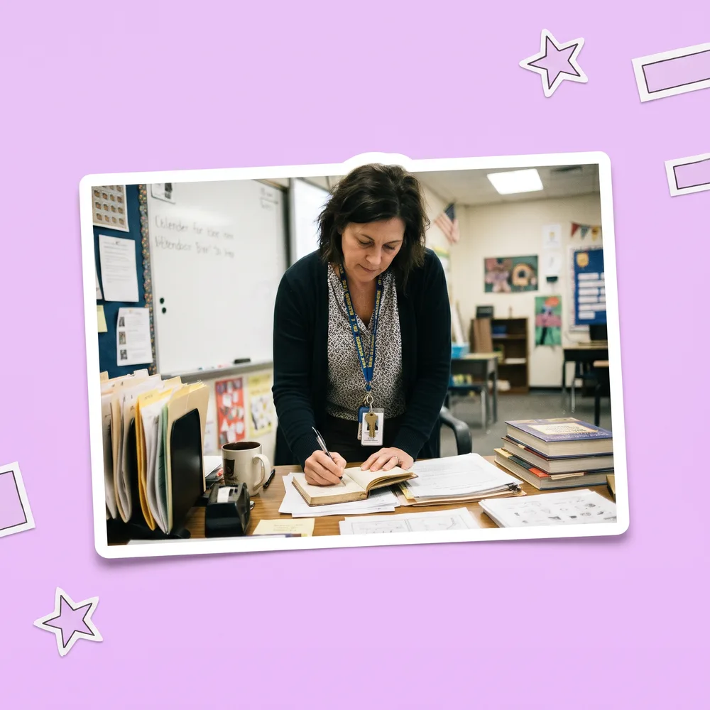 A teacher writing her intentions in a notebook at her desk