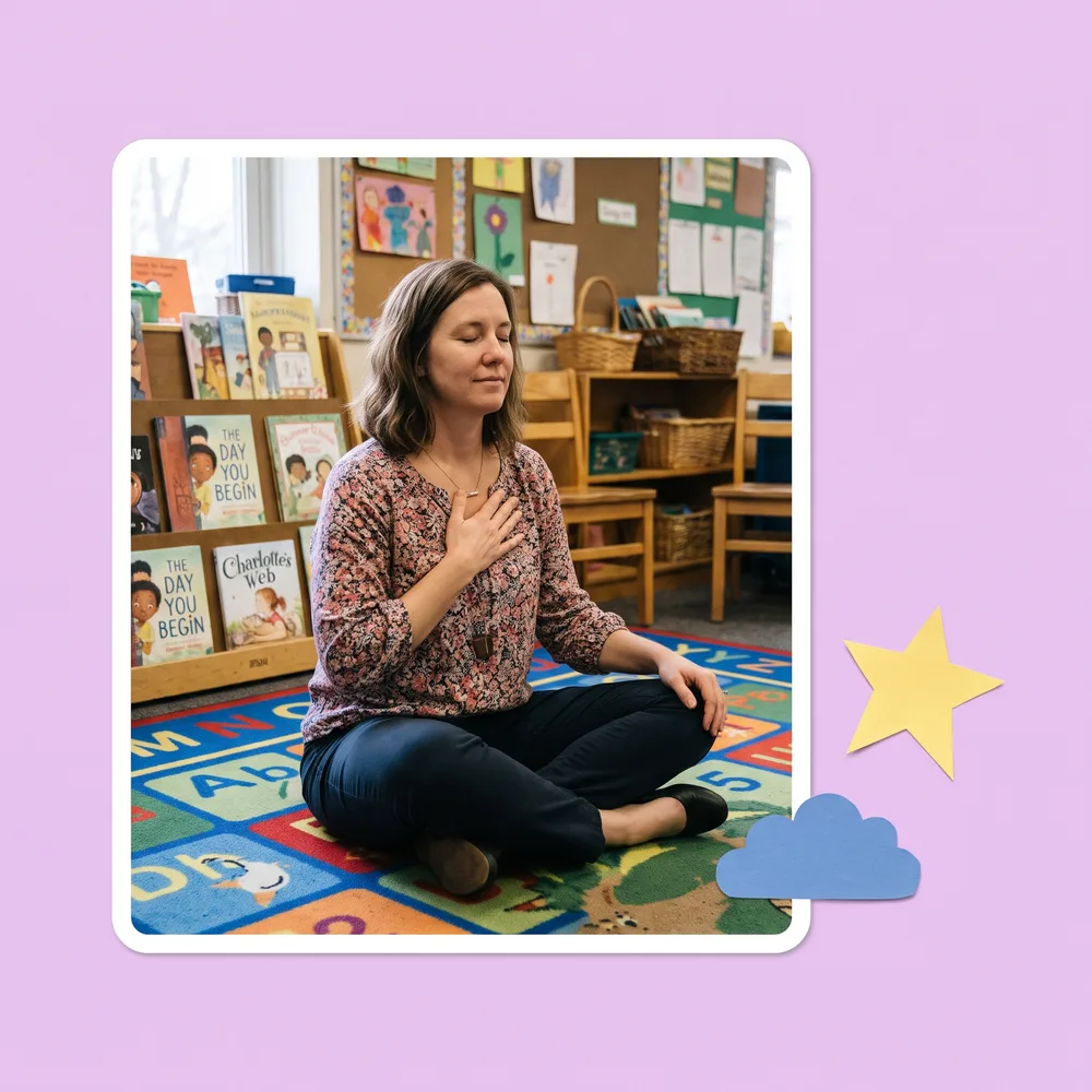 A teacher sitting on the classroom rug, hand on her chest, breathing