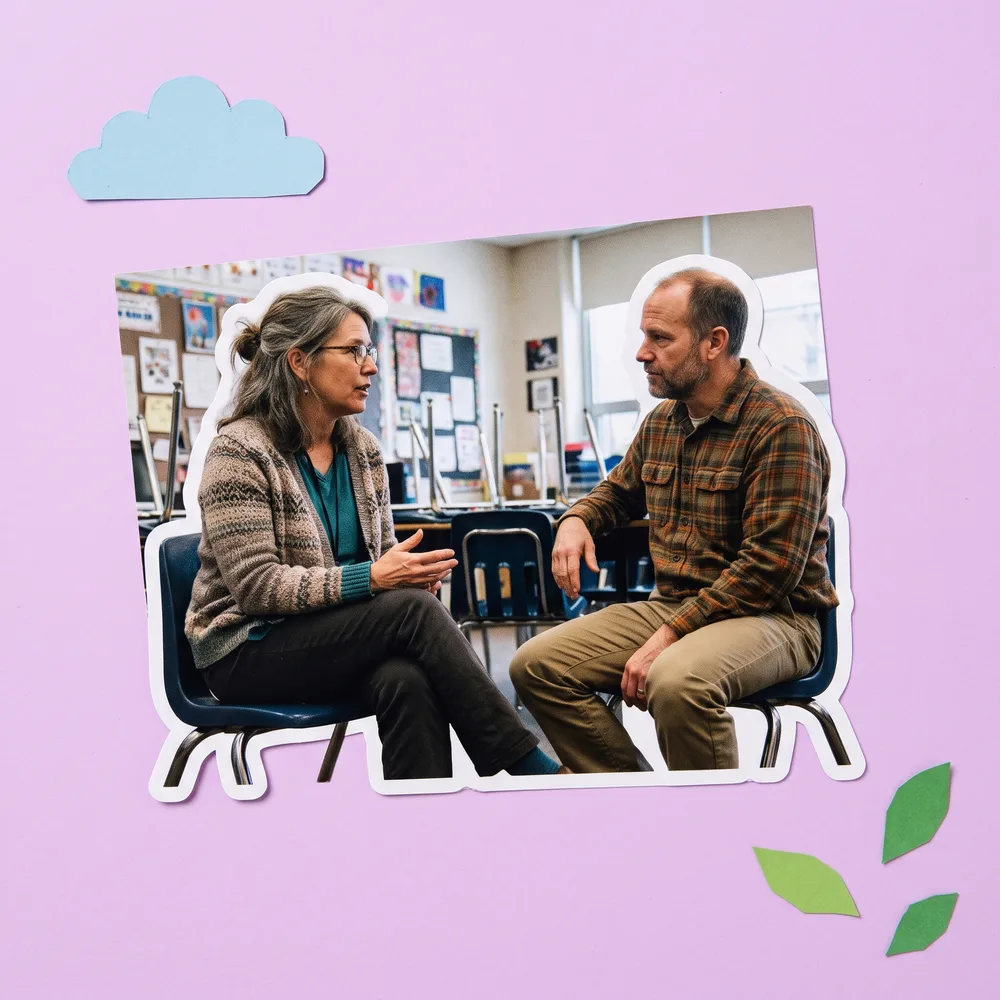 Two teachers talking as accountability buddies