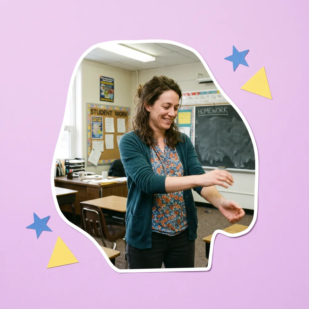 A teacher shaking out her arms in an empty classroom