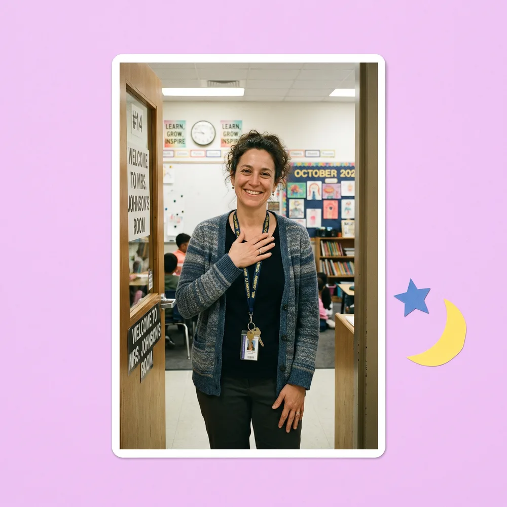 A teacher standing tall in her classroom doorway, hand on her heart